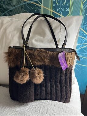 NWT Murval Brown Faux Fur & Knit Shoulder Bag with Pom-Poms Key Tag